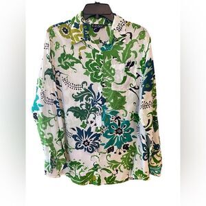 Kikisol Sz S Green Blue Tropical Print Boyfriends Button Down Collar Shirt